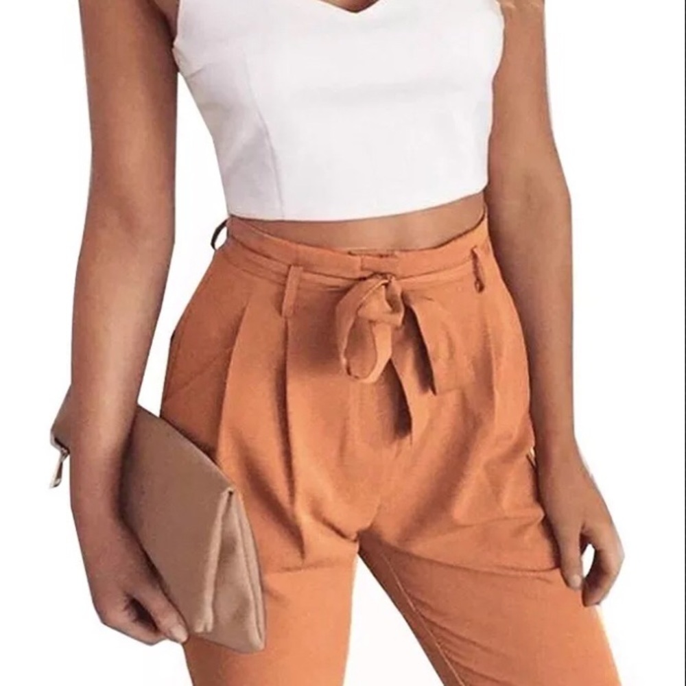 Fancyinn Women Orange Bodycon Long Pants With Belt